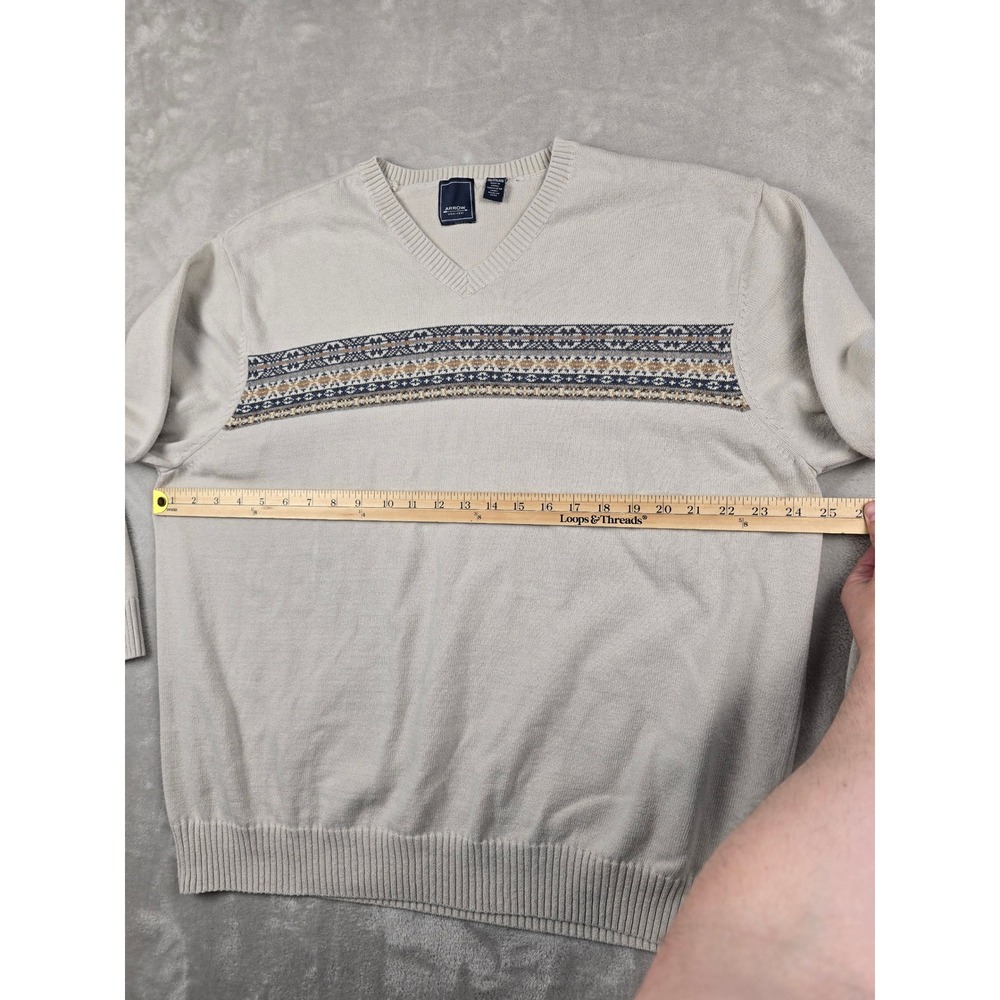 Arrow Sweater Men XXL Beige V-Neck Fair Isle Pattern Cotton Knit Pullover - Picture 5 of 8
